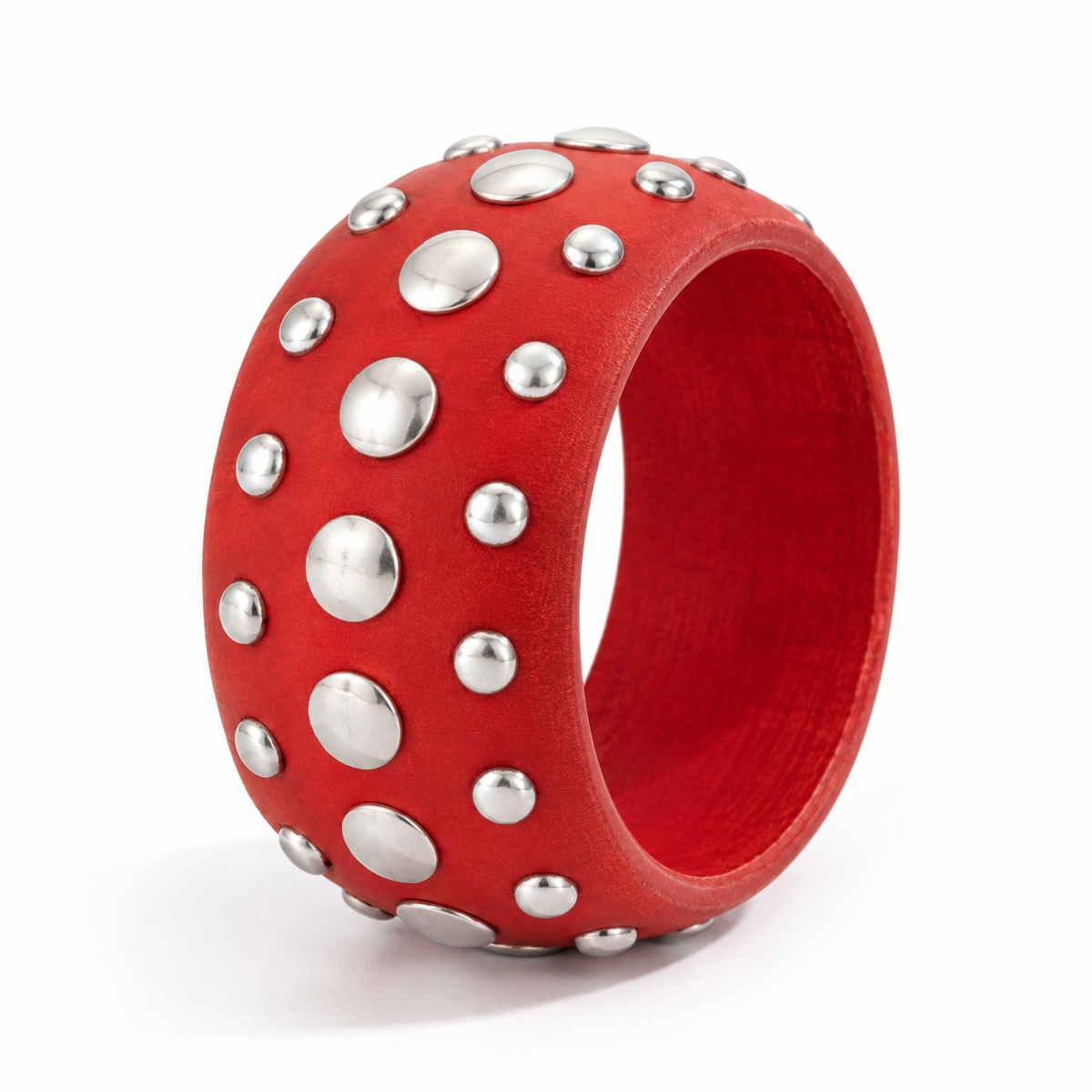 Red Wide Bangle Bracelet with Silver-Tone Studs