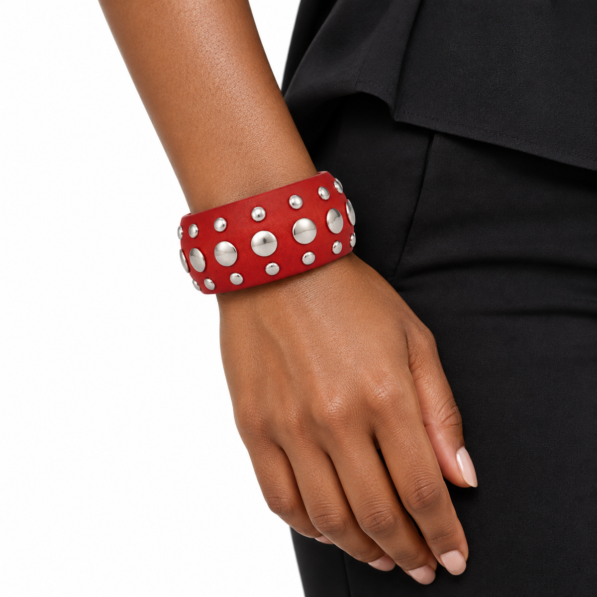 Red Wide Bangle Bracelet with Silver-Tone Studs
