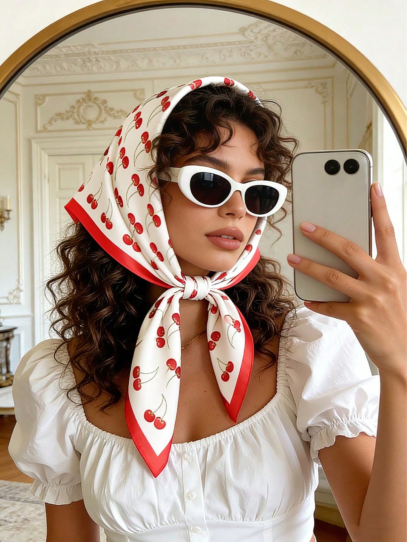 Red White Cherry Print Square Silk Like Scarf Head Handbag Neck Wrap