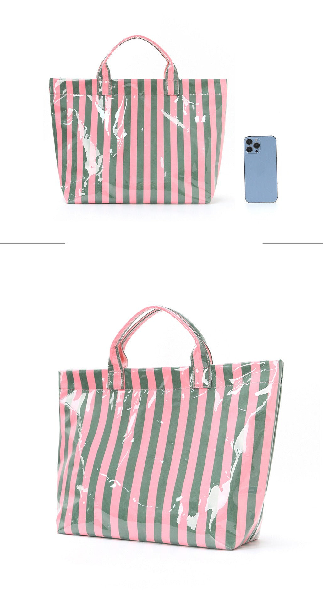 Pink and Green Striped Tote Bag Glossy Waterproof Travel Beach Shoulder Bag