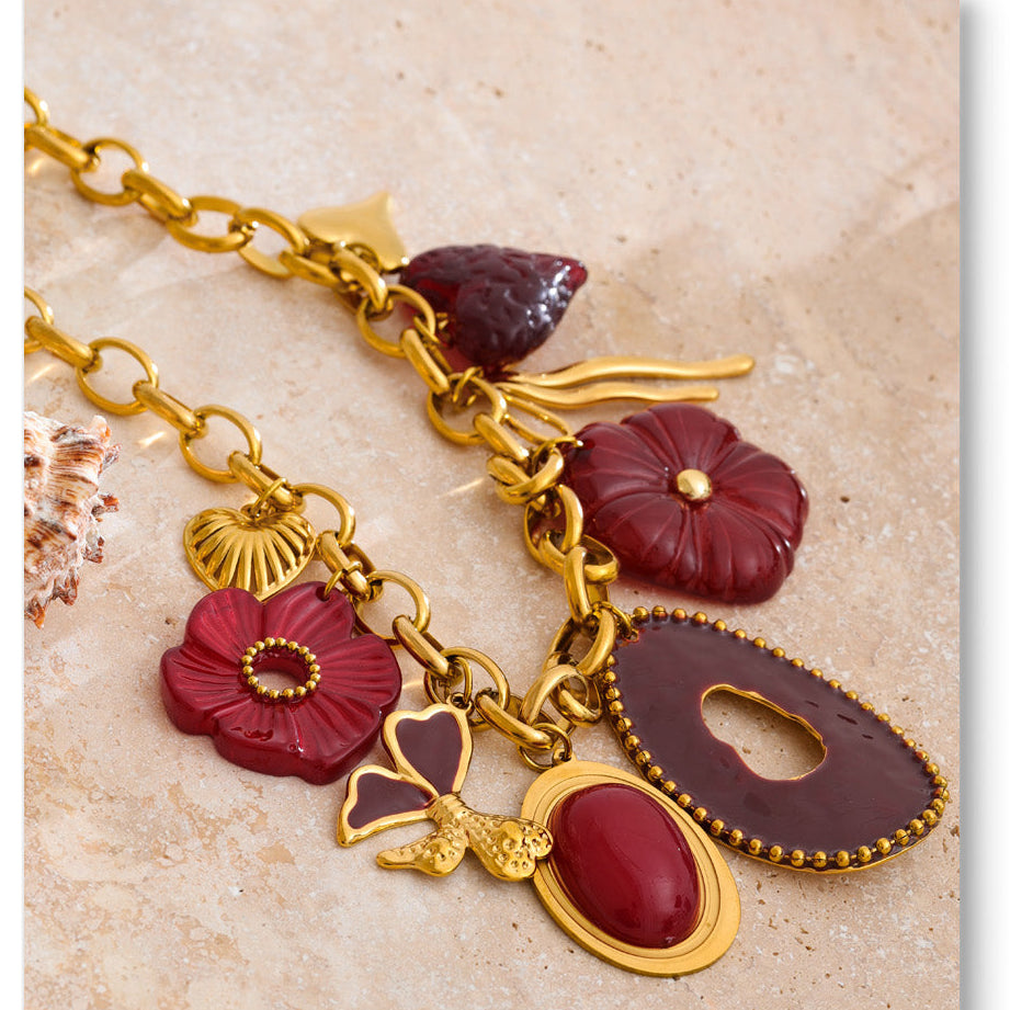 Gold Tone Chunky Chain Necklace with Red Resin Flower and Heart Charms