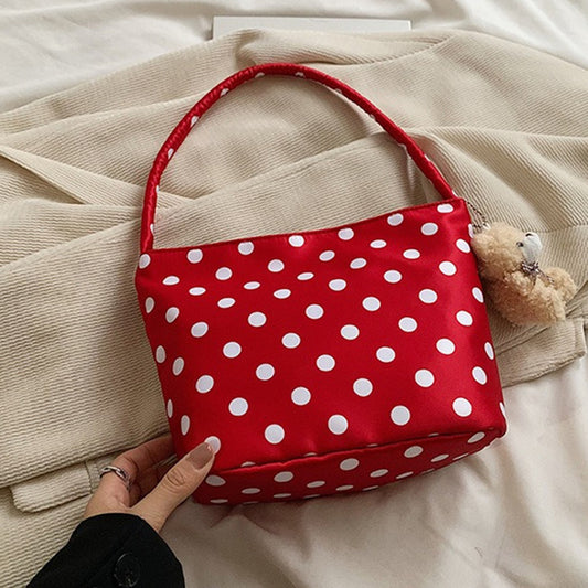Trendy Polka Dot Shoulder Bag with Cute Teddy Bear Charm