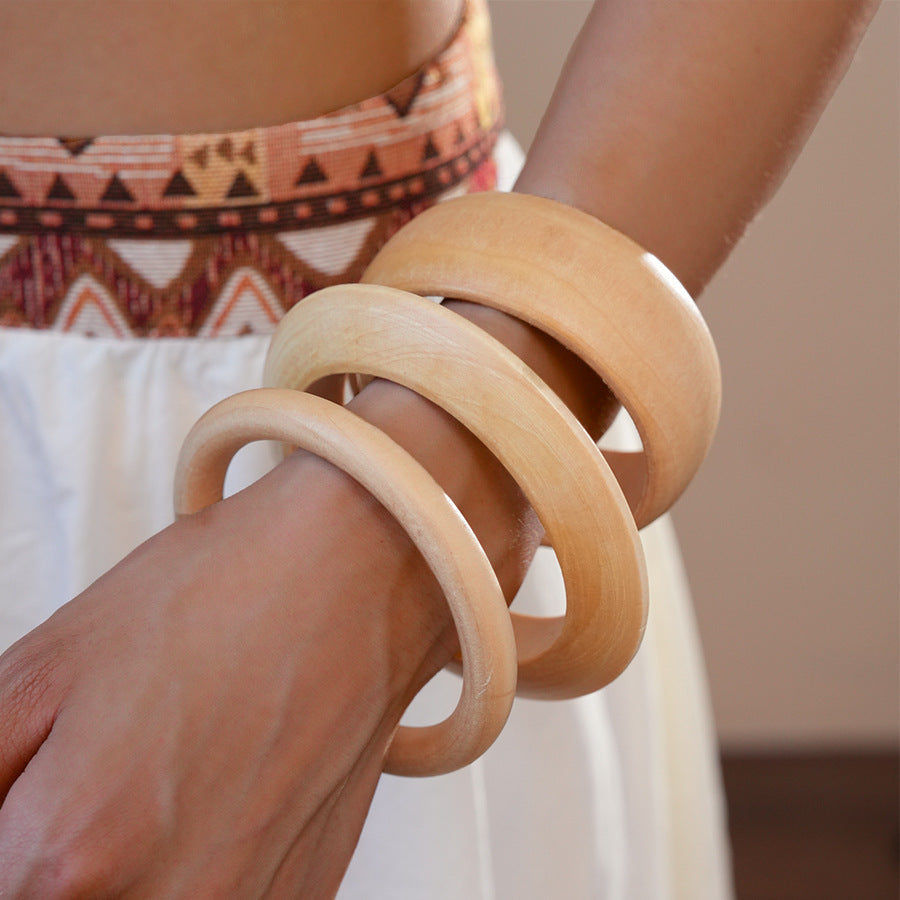 3pc Wood Wide Bangle Set Coffee Solid Pattern Natural Boho Fashion Bracelets
