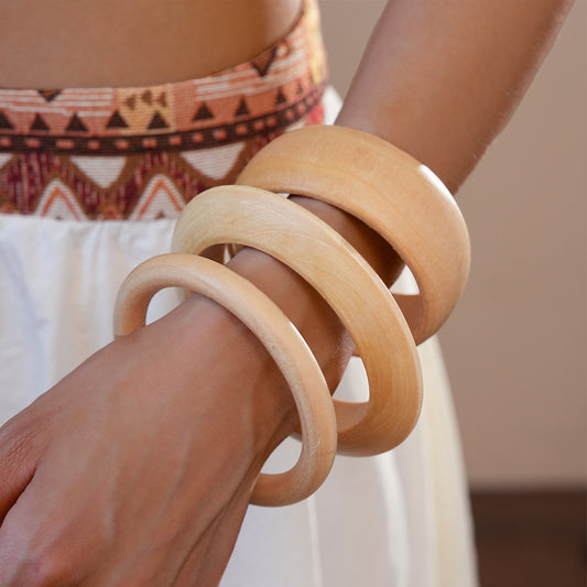 3pc Wood Wide Bangle Set Coffee Solid Pattern Natural Boho Fashion Bracelets