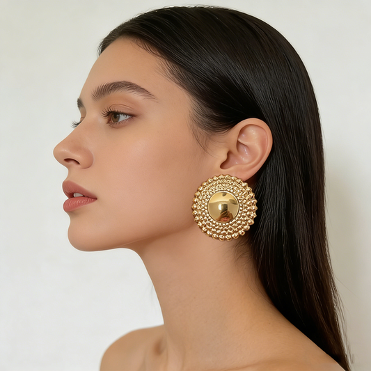 Gold Tone Textured Disc Statement Earrings for Women