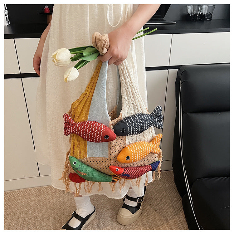 Whimsical Hand-Knit Patchwork Fish Tote Bag - Unique Artisan Boho Shoulder Purse