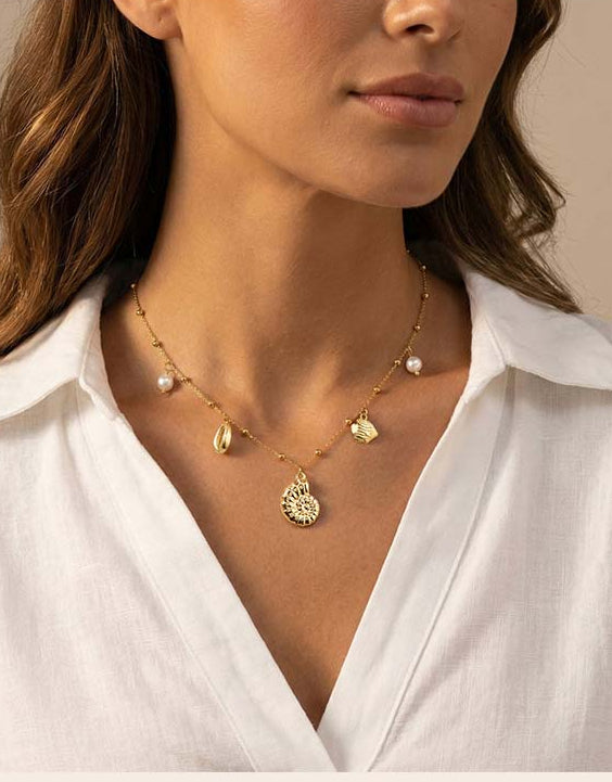 Gold-Plated Nautical Charm Necklace with Freshwater Pearl