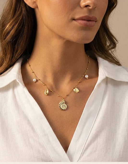 Gold-Plated Nautical Charm Necklace with Freshwater Pearl