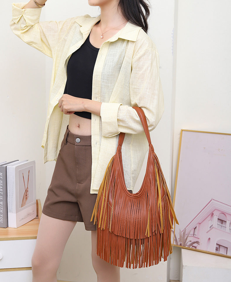 Womens Fringe Hobo Bag Tassel Shoulder Tote Faux Leather Boho Satchel Purse