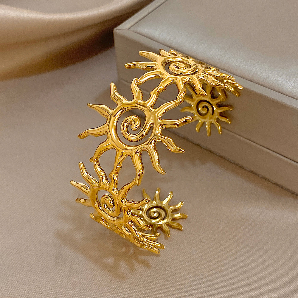 Gold Tone Sun Cuff Bracelet Celestial Boho Open Adjustable Statement Jewelry