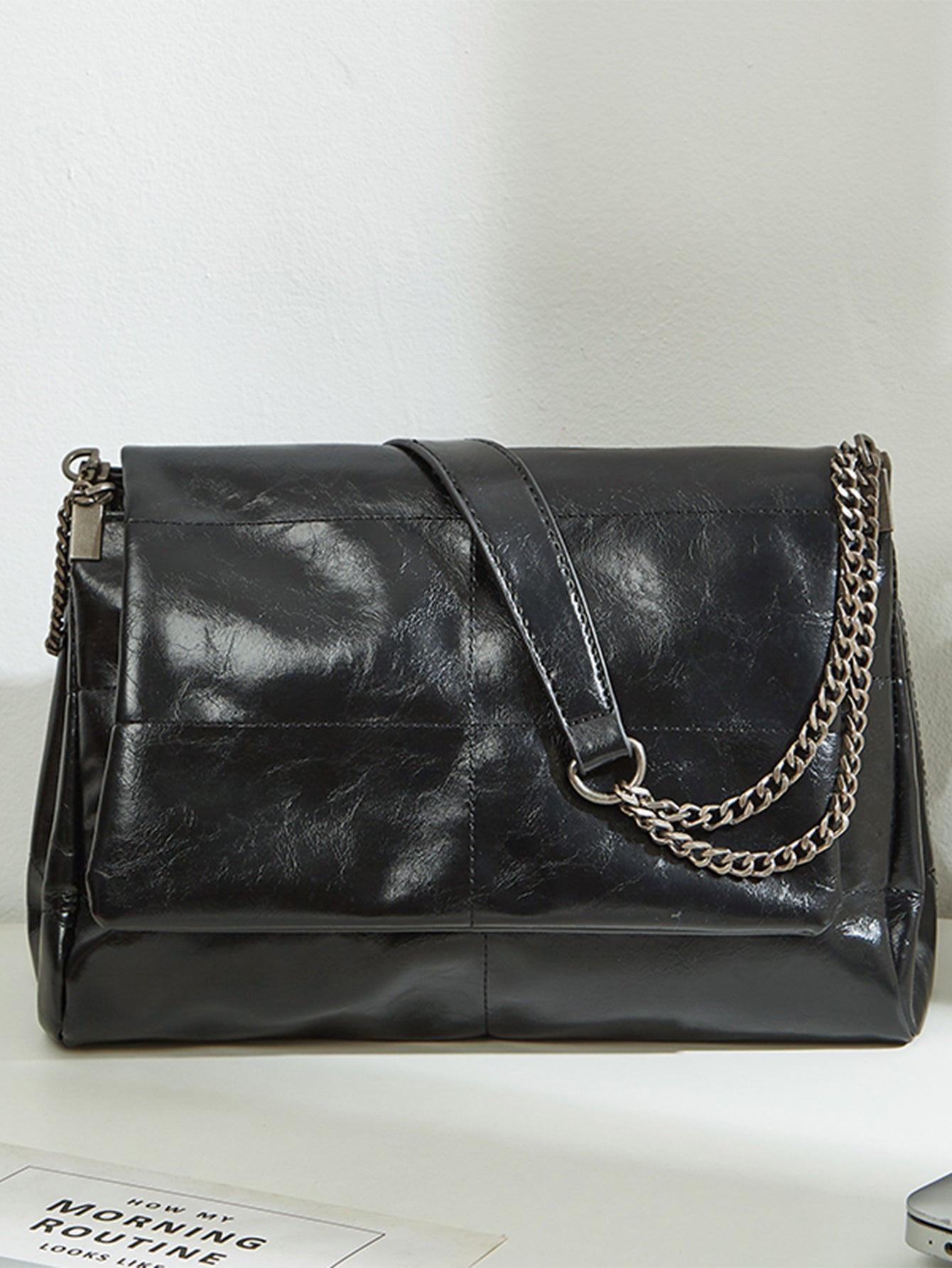 Black Quilted Faux Leather Chain Shoulder Bag Multi Compartment Purse