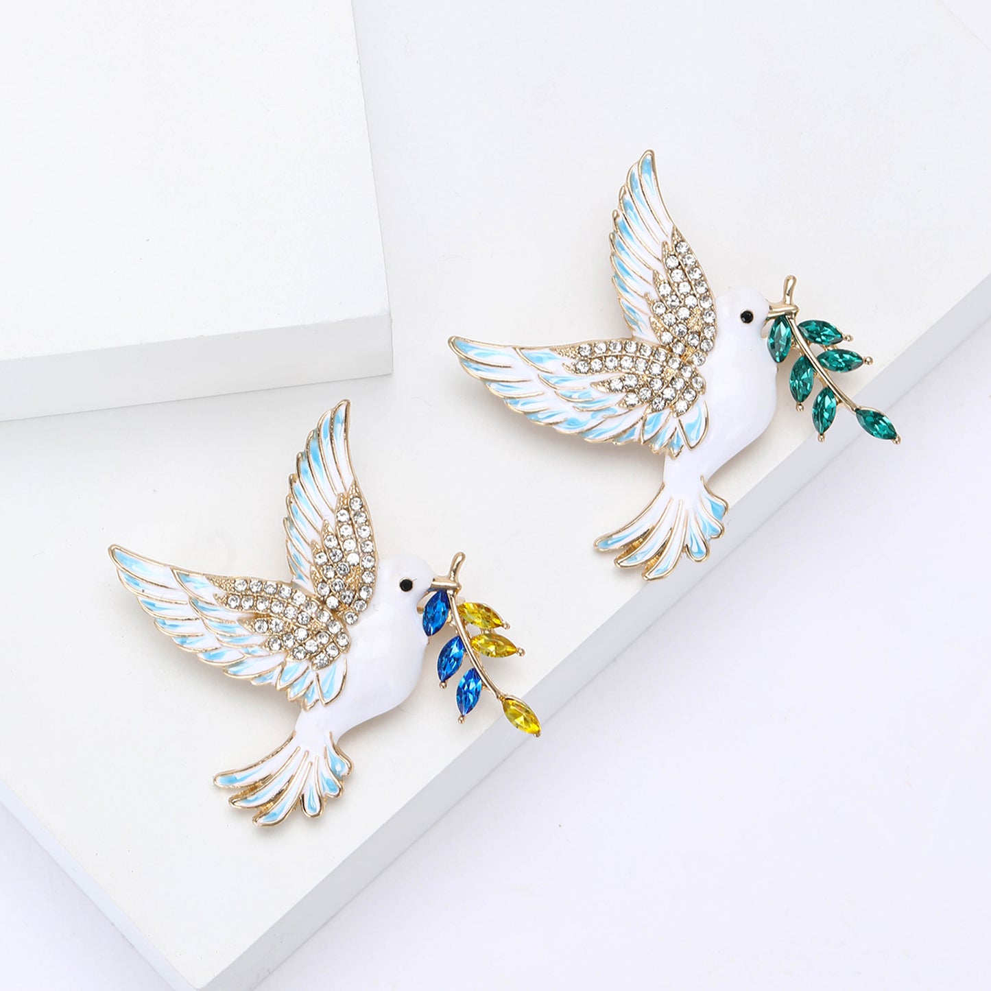 2pcs Peace Dove Brooch Set Gold Enamel Bird Pin Crystal Olive Branch Jewelry