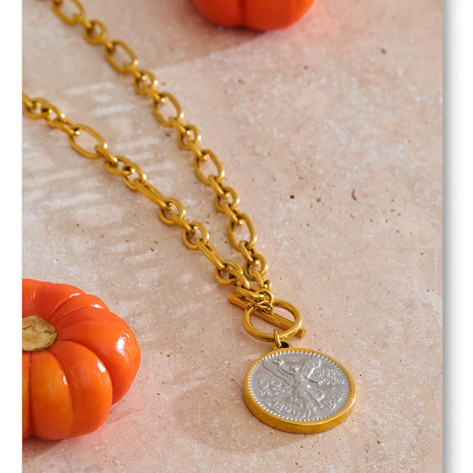 Angel Coin Toggle Chain Necklace Minimalist Statement Jewelry
