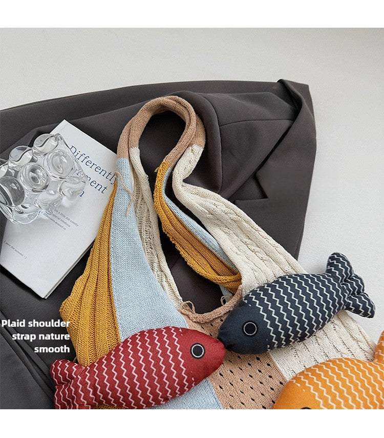 Whimsical Hand-Knit Patchwork Fish Tote Bag - Unique Artisan Boho Shoulder Purse