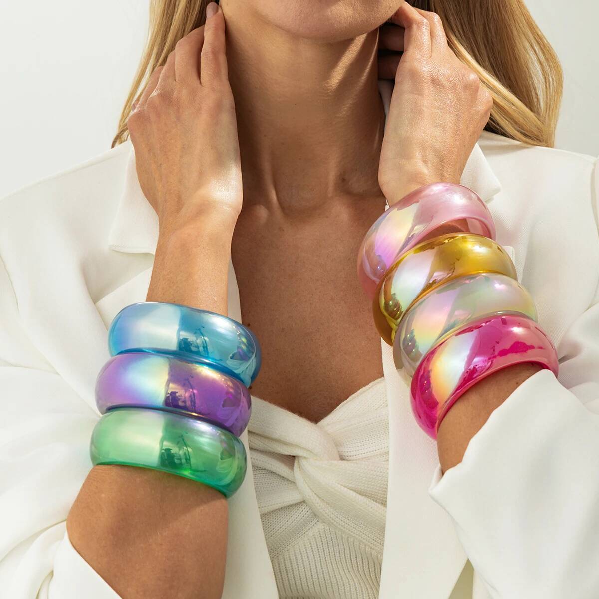 Iridescent Resin Bangle Bracelet Colorful Aurora Chunky Acrylic Jewelry