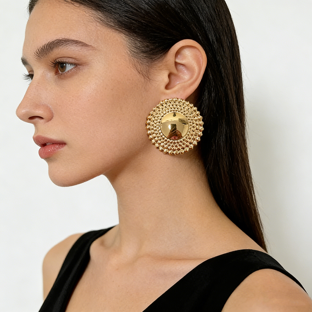 Gold Tone Textured Disc Statement Earrings for Women