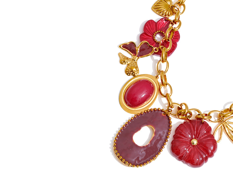 Gold Tone Chunky Chain Necklace with Red Resin Flower and Heart Charms