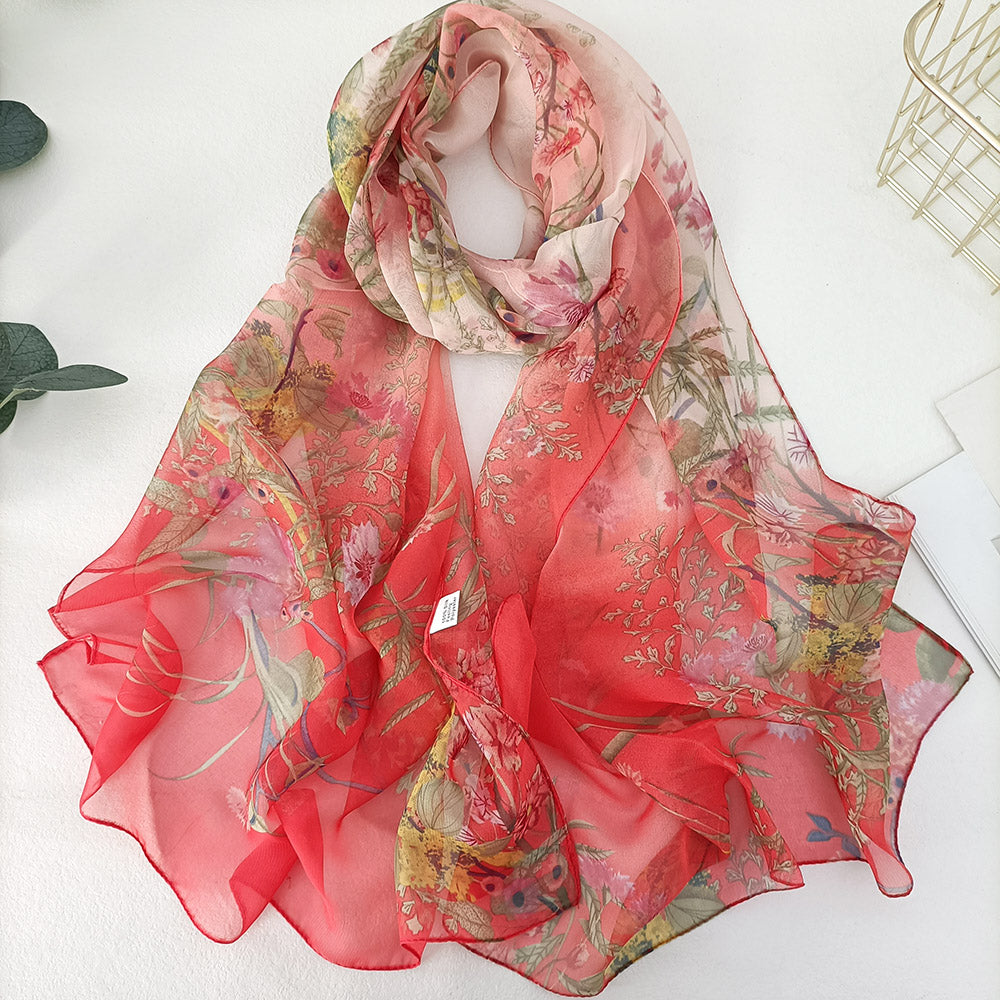 Floral Silk Feel Chiffon Scarf Pink Red Botanical Print Wrap 20 x 63 Inches