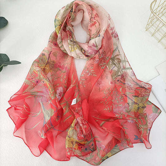Floral Silk Feel Chiffon Scarf Pink Red Botanical Print Wrap 20 x 63 Inches