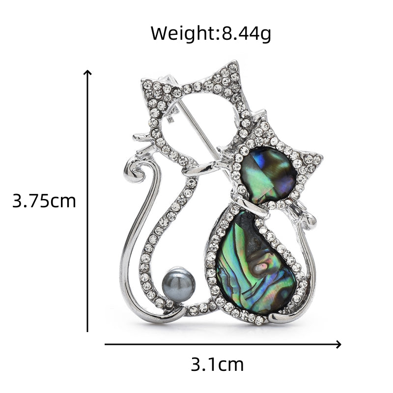 Double Cat Brooch Pin Rhinestone Abalone Shell Faux Pearl Silver Tone