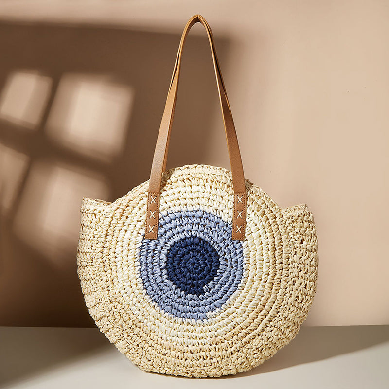 Round Woven Straw Shoulder Bag Bohemian Tote Beach Purse Summer Travel Handbag