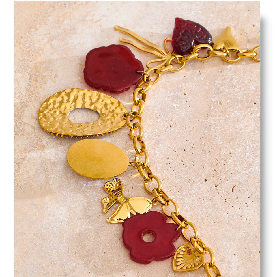 Gold Tone Chunky Chain Necklace with Red Resin Flower and Heart Charms