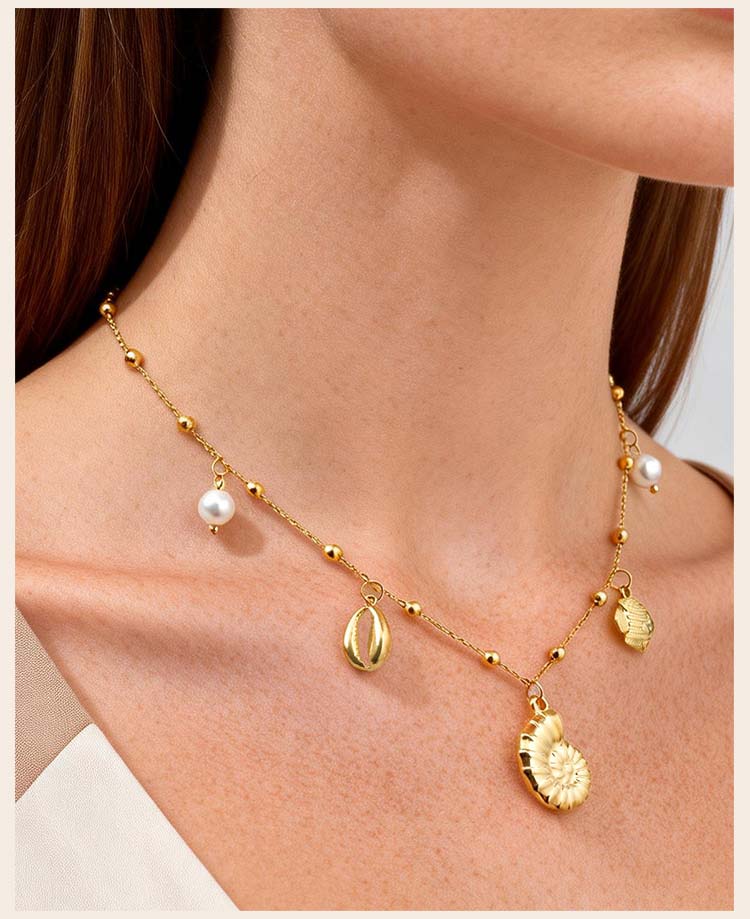 Gold-Plated Nautical Charm Necklace with Freshwater Pearl