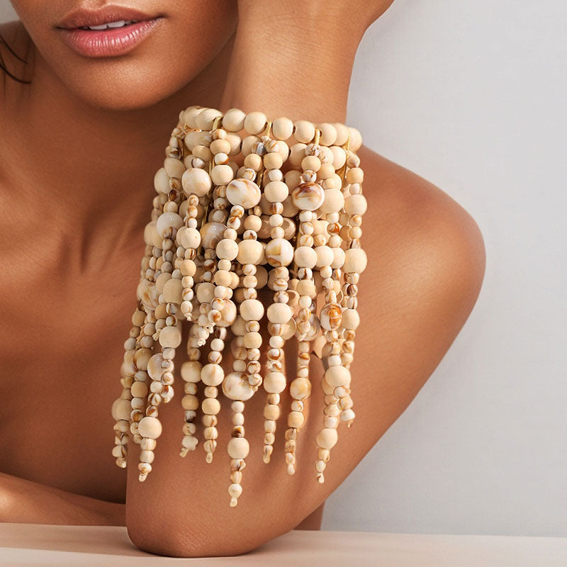 Boho Wood Bead Tassel Cuff Bracelet Statement Wrist Jewelry