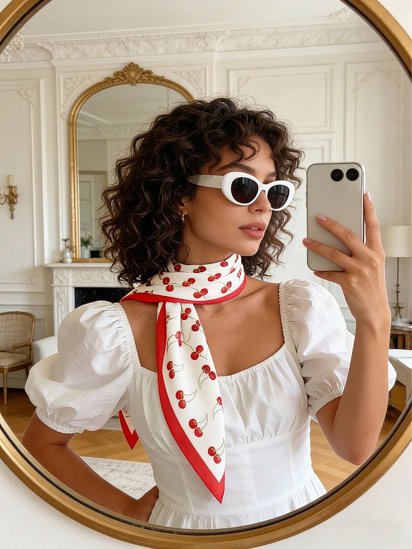 Red White Cherry Print Square Silk Like Scarf Head Handbag Neck Wrap