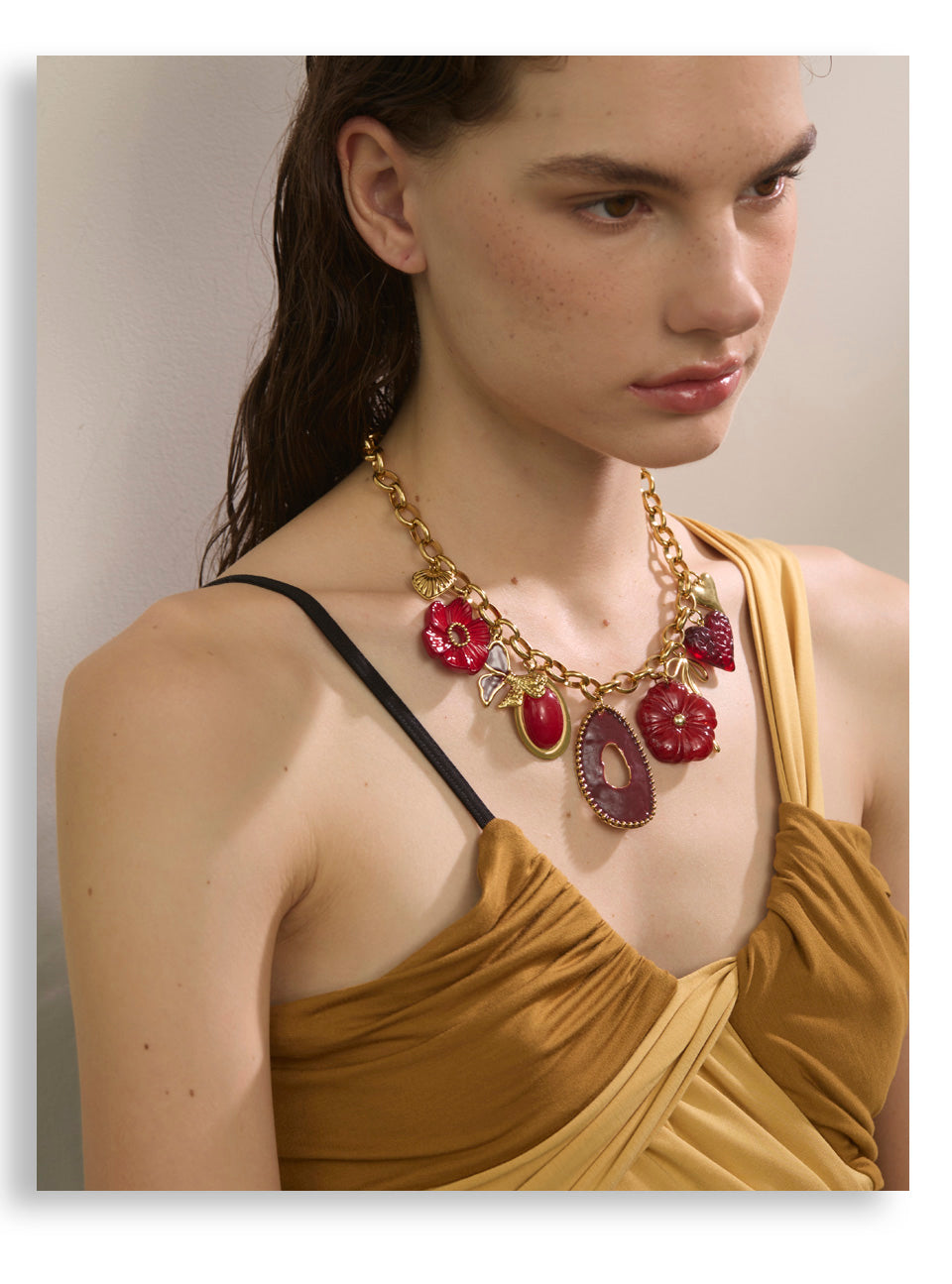 Gold Tone Chunky Chain Necklace with Red Resin Flower and Heart Charms