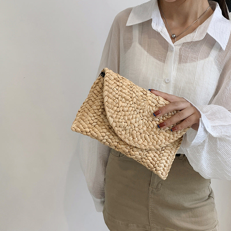 Women Woven Straw Envelope Clutch Bag Summer Beach Crossbody