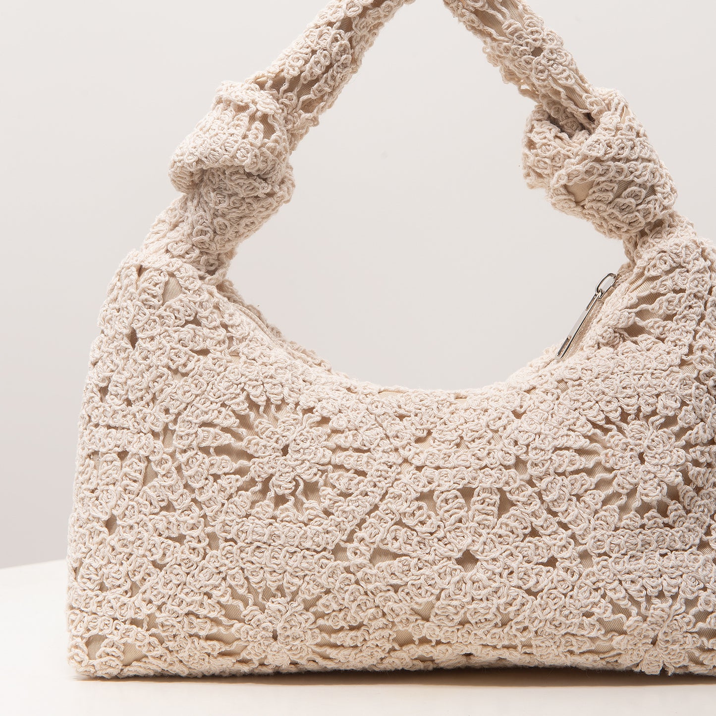 Crochet Knot Hobo Bag Cream Boho Knit Slouchy Shoulder Purse Summer Beach Tote
