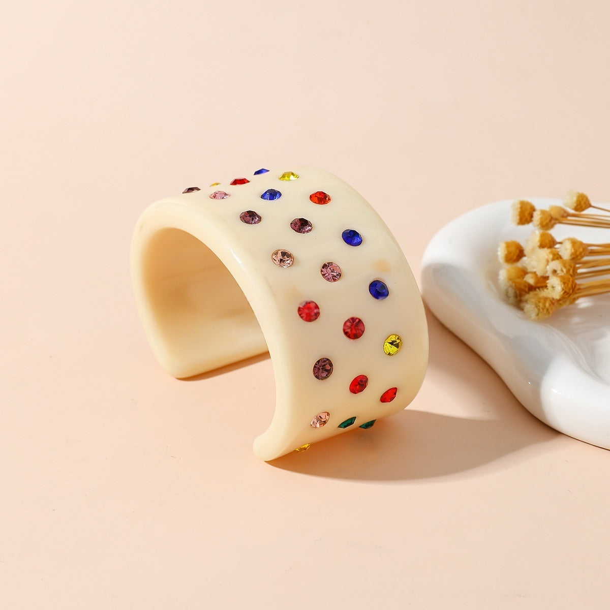 Crystal Inlaid Resin Cuff Bracelet Wide Bangle Summer Accessory