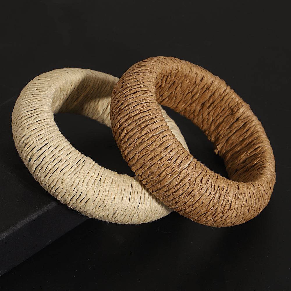 Woven Raffia Bangle Neutral Boho Stackable Straw Bracelet