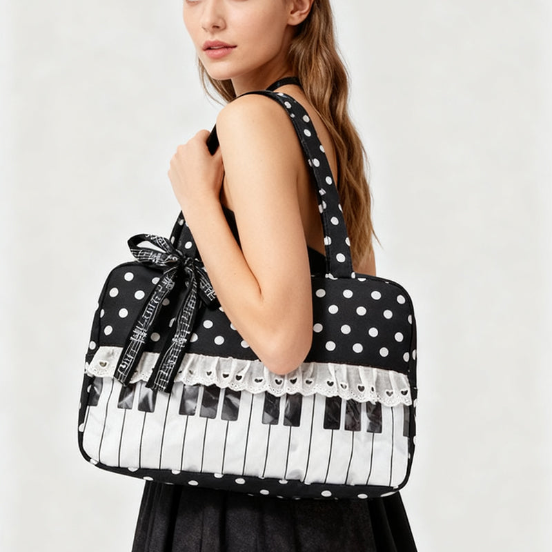 Piano Keyboard Polka Dot Tote Bag Musical Note Ribbon Bow Shoulder Handbag