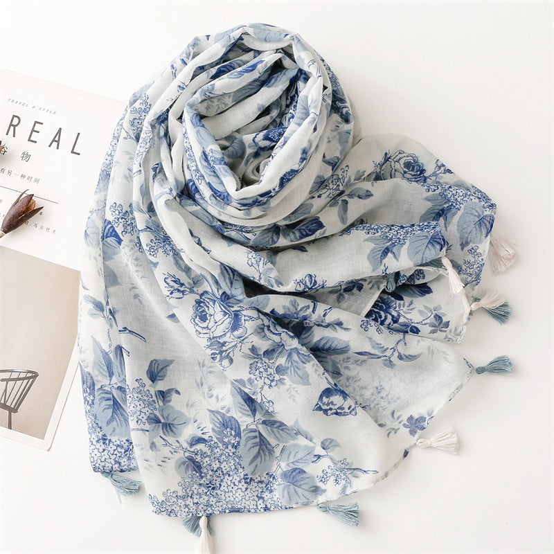 Blue Floral Tassel Scarf Premium Lightweight Wrap