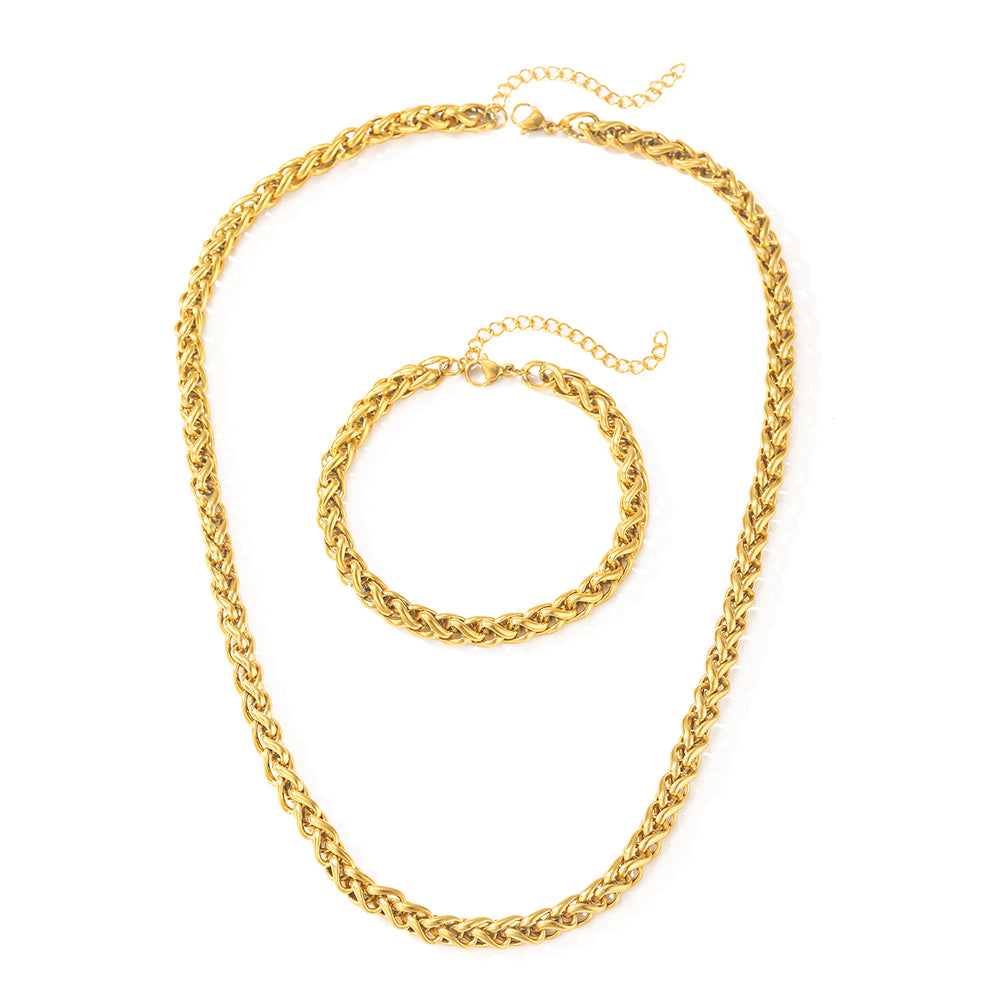 Gold Stainless Steel Braided Chain Necklace Bracelet Set for Women