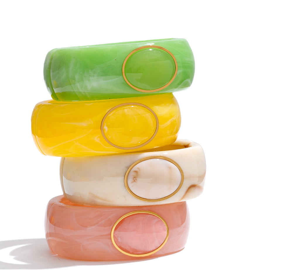 Pink Resin Oval Accent Cuff Bracelet for Women – Chunky Gold Tone Statement Bangle