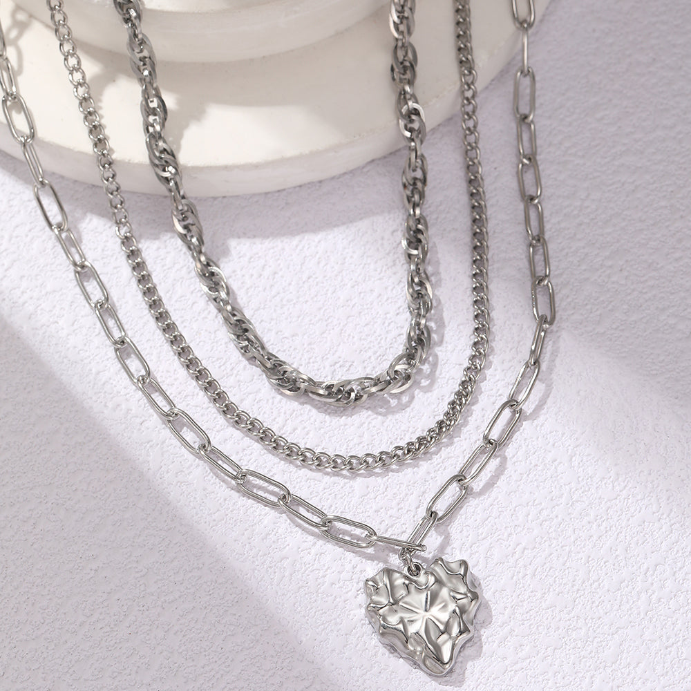 Layered Heart Pendant Necklace Set Stainless Steel Tarnish Resistant
