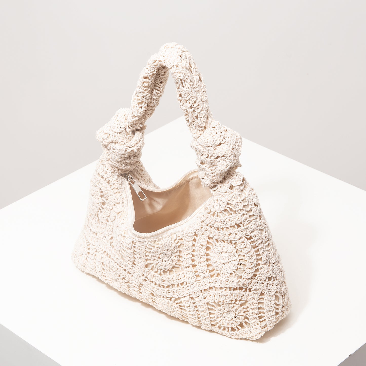 Crochet Knot Hobo Bag Cream Boho Knit Slouchy Shoulder Purse Summer Beach Tote