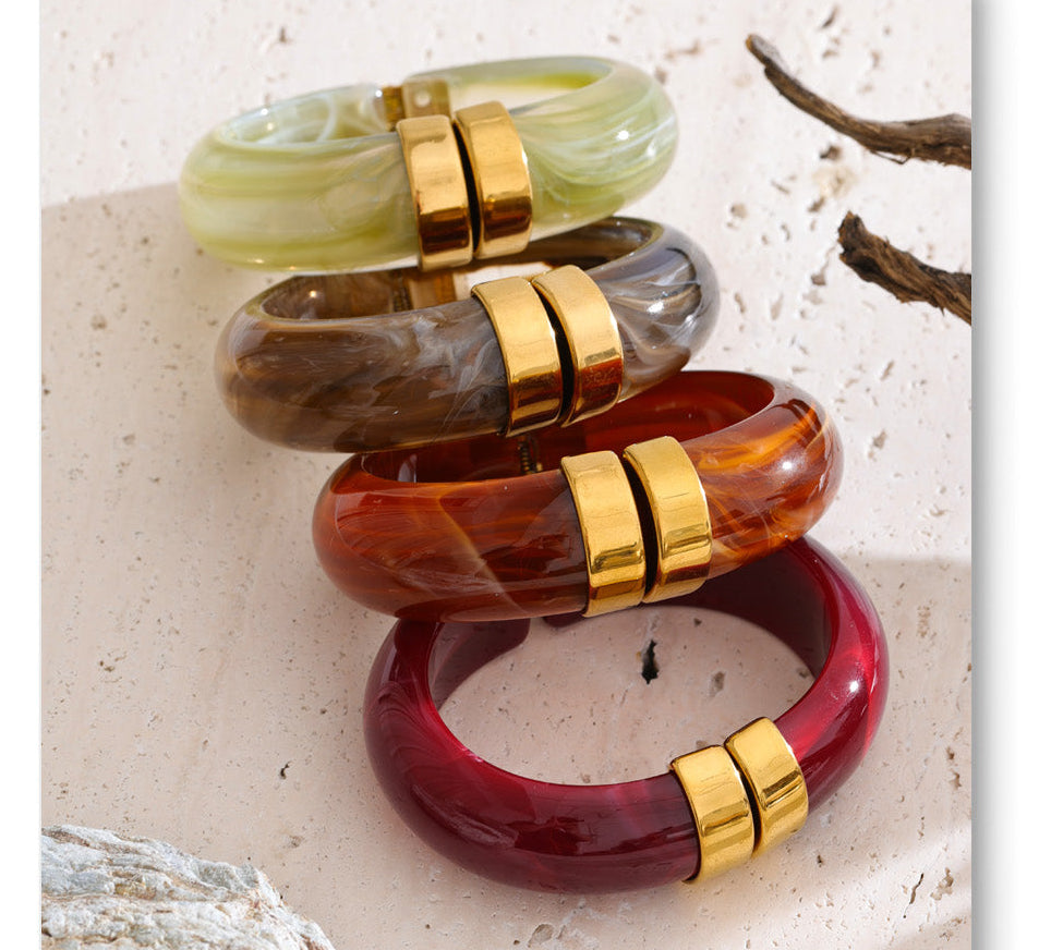 Acrylic Gold Plated Hinge Bangle Bracelet Marbled Earth Tone Fashion Jewelry