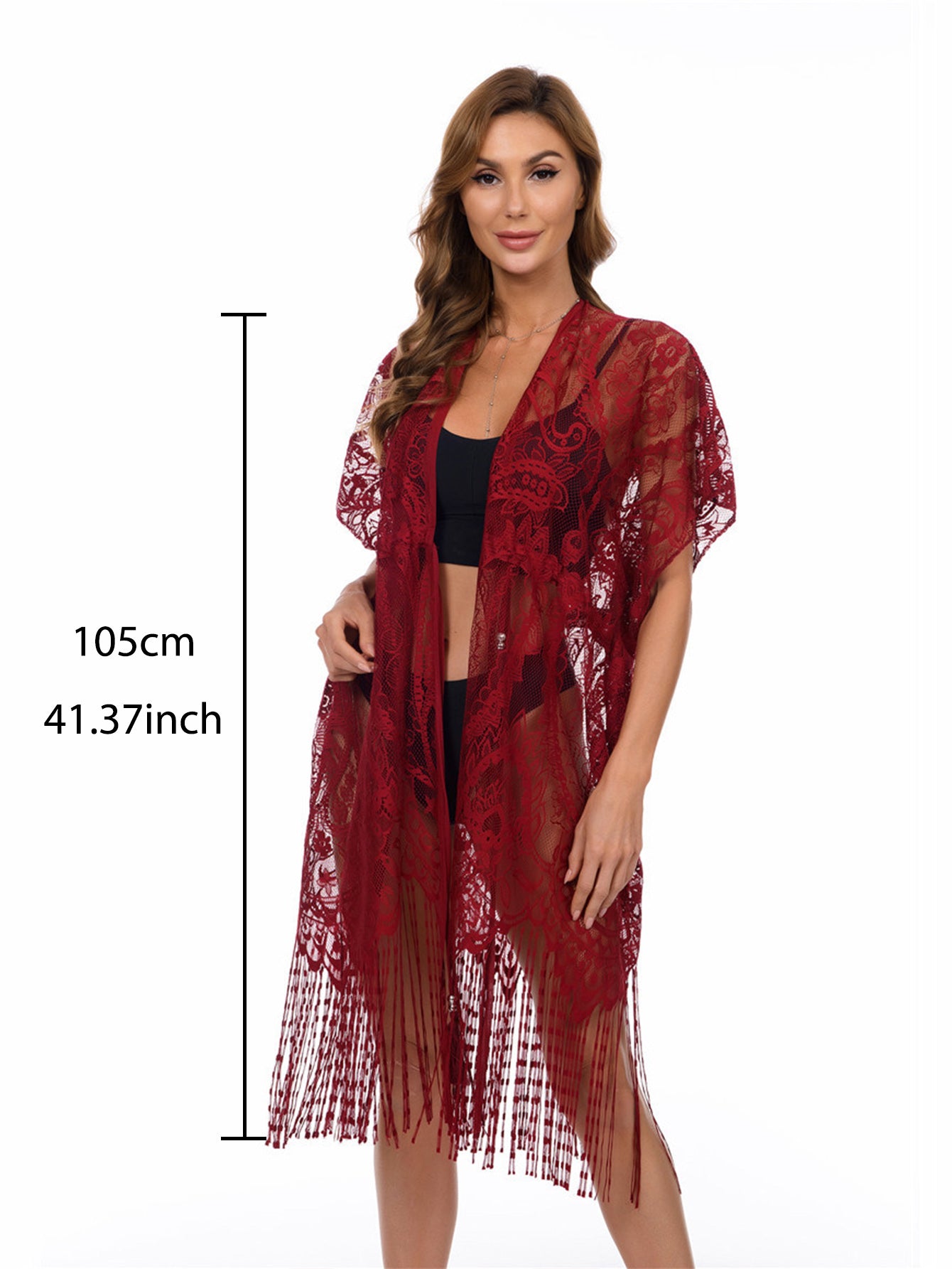 Women Floral Lace Swimsuit Cover Up Set Tassel Hem Beach Kimono Cardigan