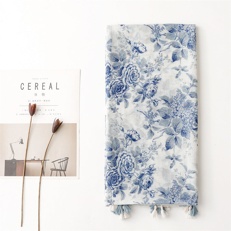 Blue Floral Tassel Scarf Premium Lightweight Wrap
