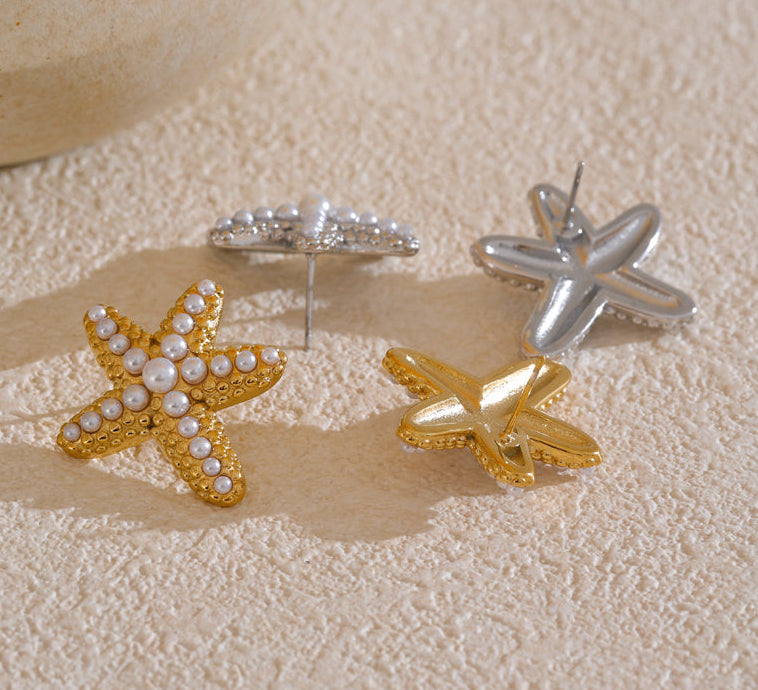 Starfish Dangle Earrings with Faux Pearl Ocean Beach Summer Jewelry
