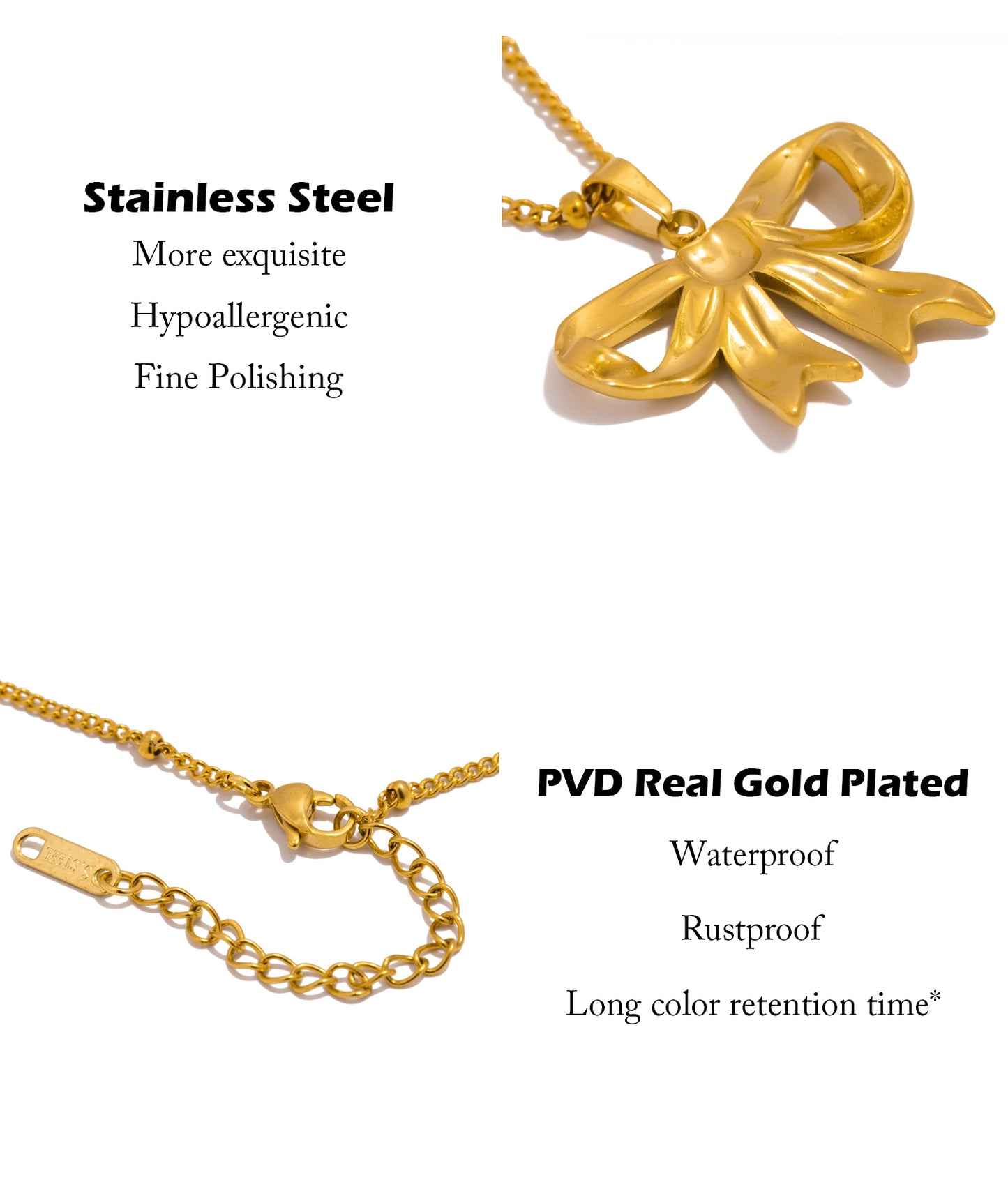 Bowknot Necklace Stainless Steel Gold or Silver Plated Tarnish Resistant