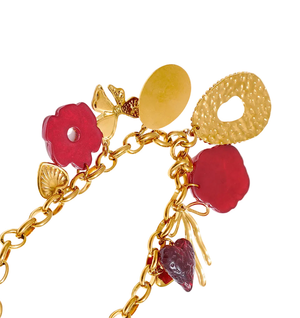 Gold Tone Chunky Chain Necklace with Red Resin Flower and Heart Charms
