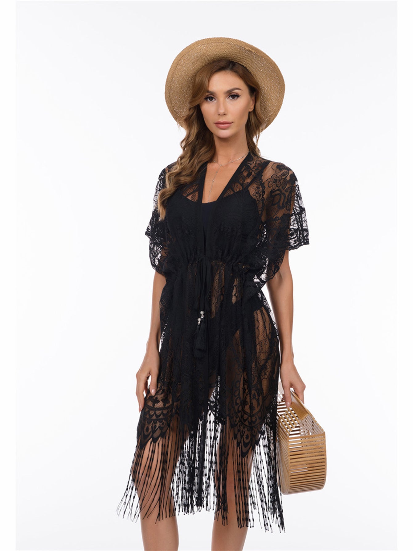 Women Floral Lace Swimsuit Cover Up Set Tassel Hem Beach Kimono Cardigan