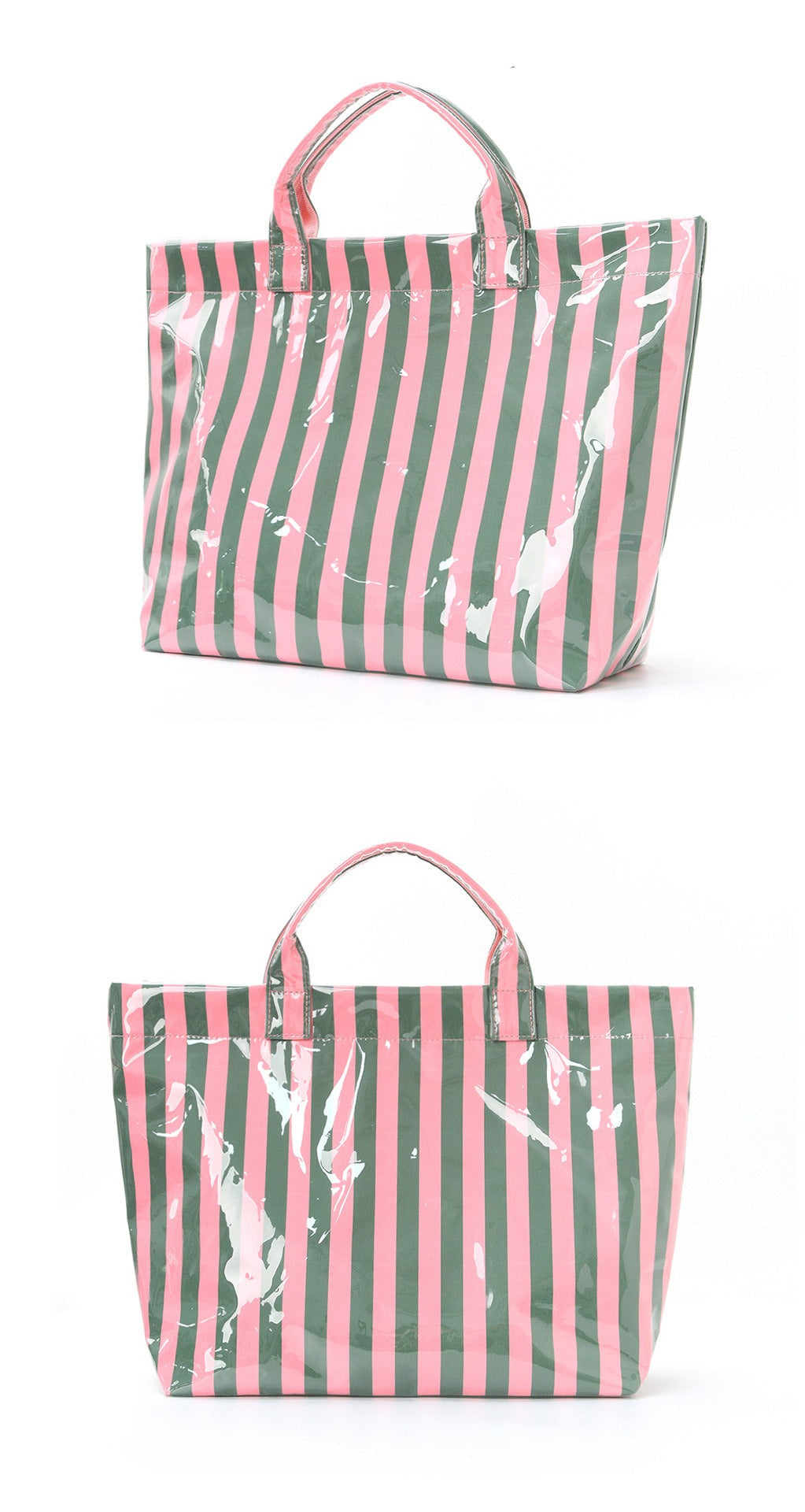 Pink and Green Striped Tote Bag Glossy Waterproof Travel Beach Shoulder Bag