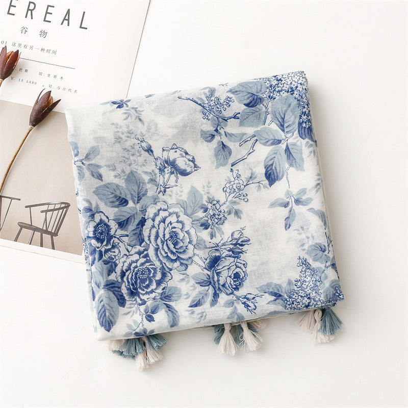 Blue Floral Tassel Scarf Premium Lightweight Wrap