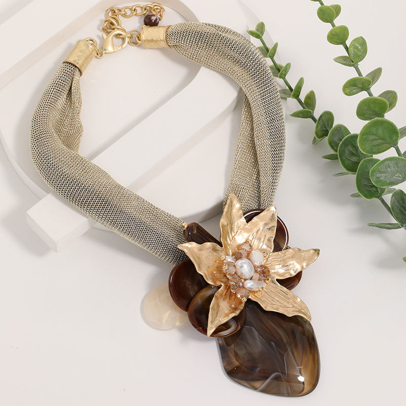 Gold Mesh Statement Necklace Large Floral Pendant Resin Stone Faux Pearl Choker